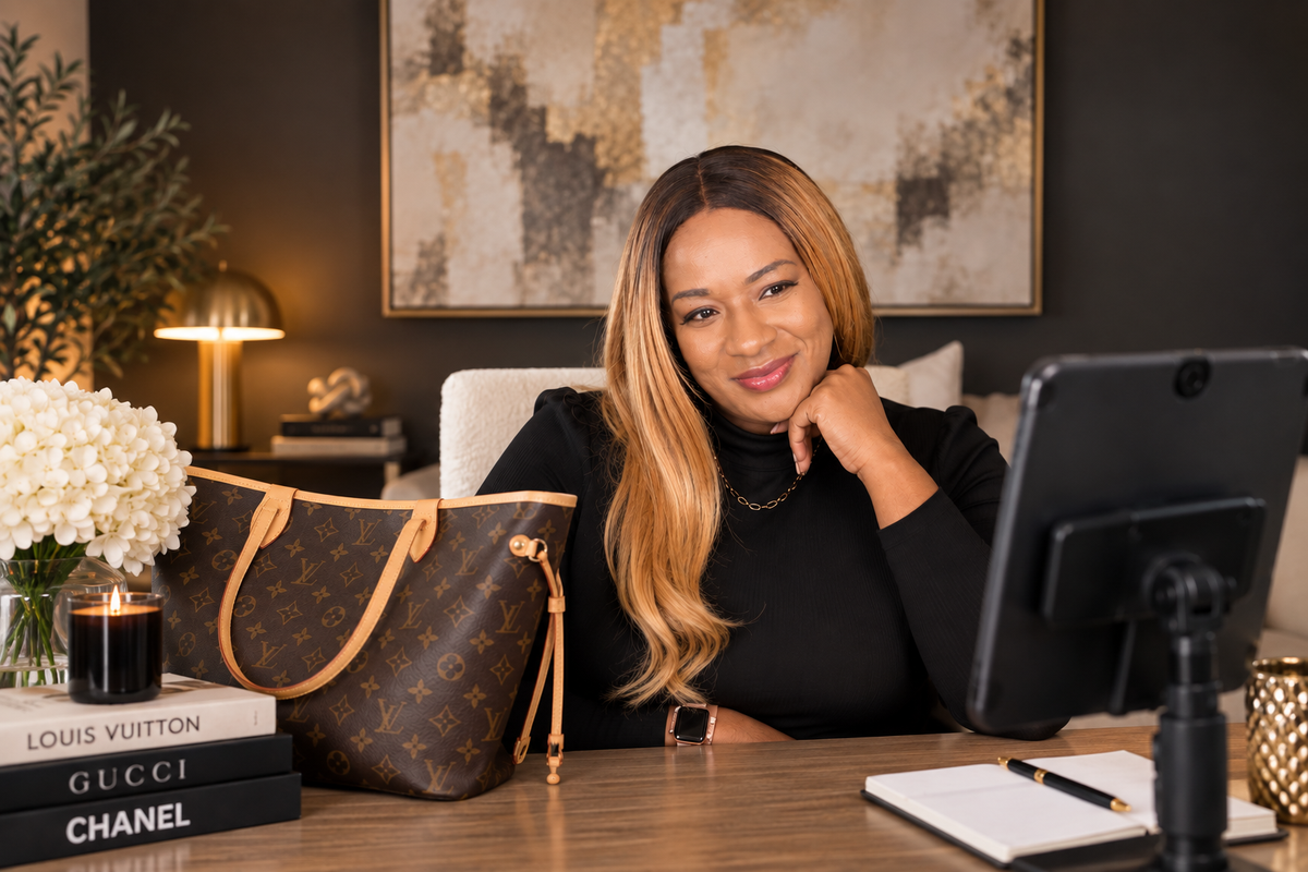 A woman with blonde-highlighted hair sits at a wooden desk wearing a black top and smiling at a tablet. A brown Louis Vuitton monogram tote bag rests on the desk beside her, along with books, a candle, white flowers, and a tablet on a stand.
