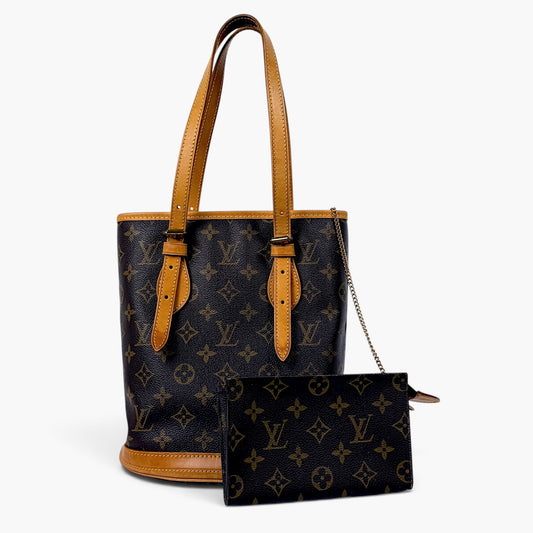 Monogram bucket bag with rolled top handles and detachable wrist strap