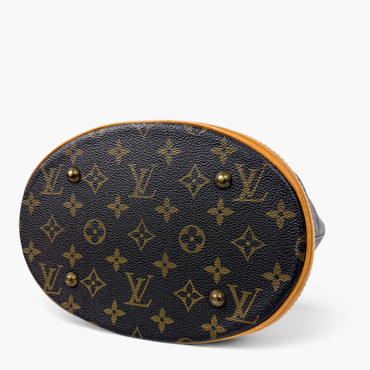 Monogram canvas pouch with tan trim and gold snap buttons
