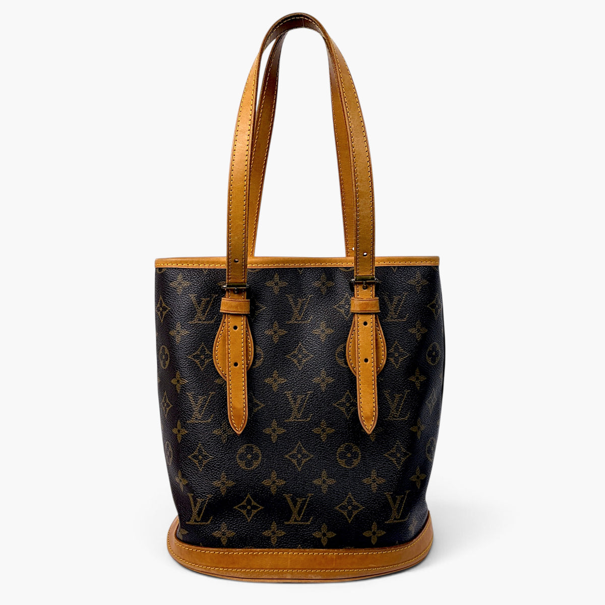 Monogram bucket bag with shoulder handles, tan trim, and gold-tone hardware