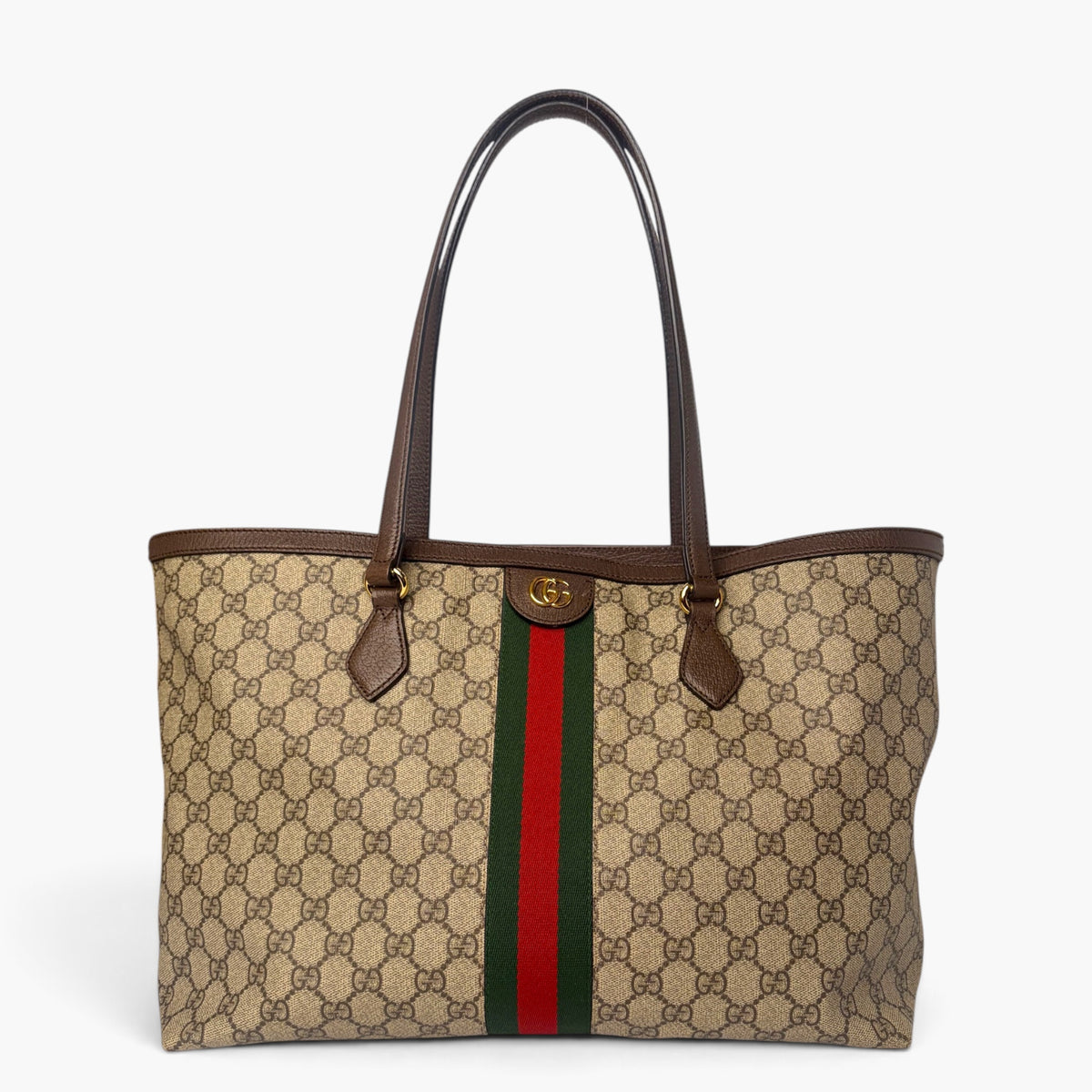 Beige GG Supreme canvas medium tote bag with brown top handles and web stripe