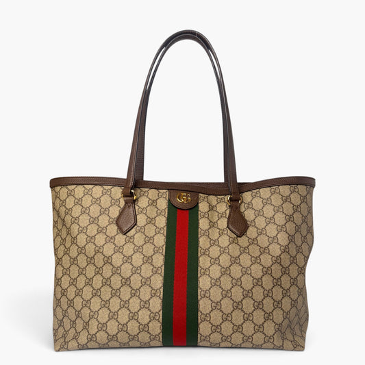 Beige GG Supreme canvas medium tote bag with brown top handles and web stripe