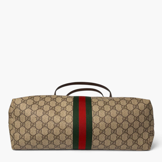 Beige GG Supreme canvas tote bag with vertical green and red stripe and brown trim