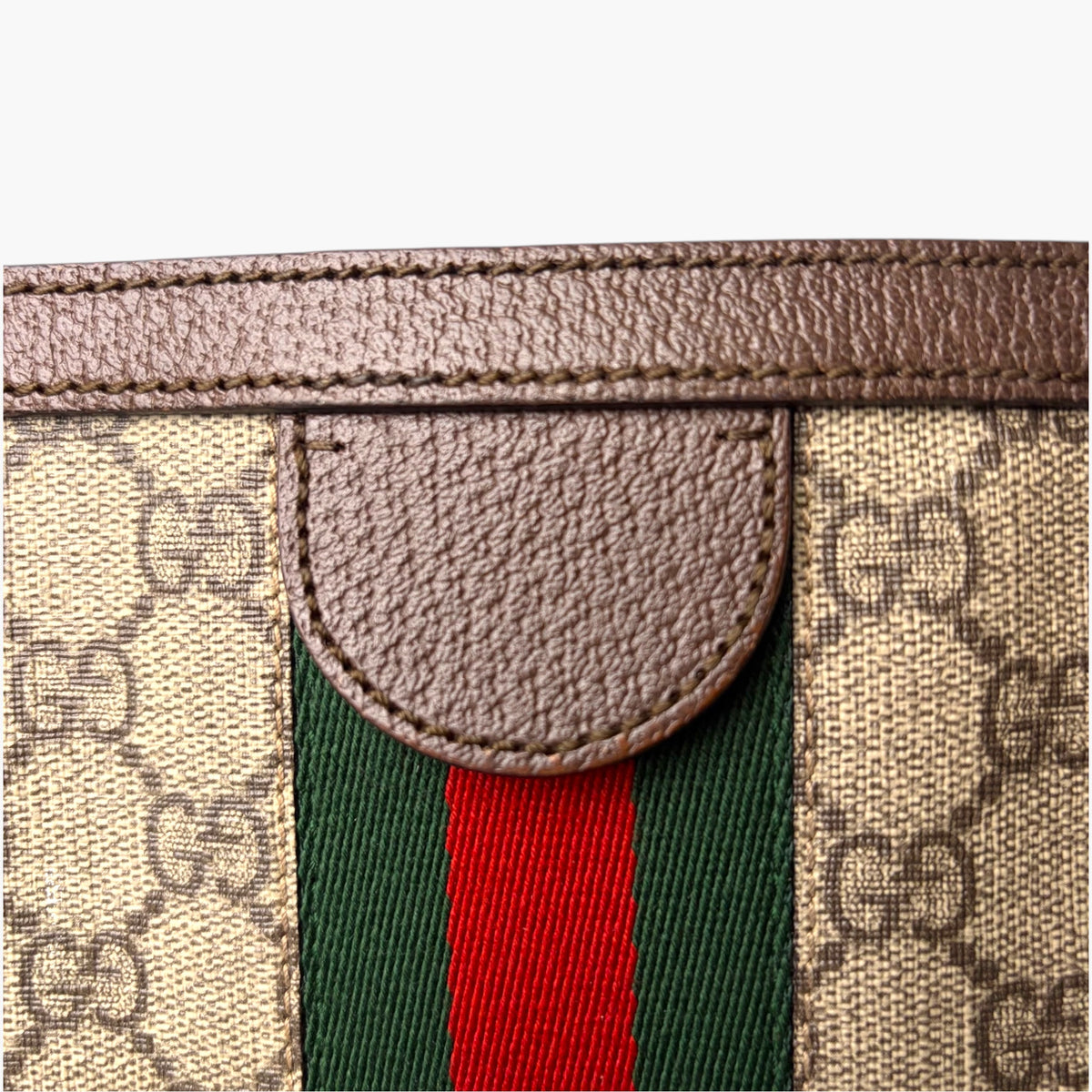 Beige GG Supreme canvas tote with dark brown leather trim and web stripe panel