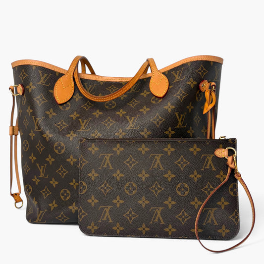 Louis Vuitton Neverfull tote bag in brown monogram canvas with tan leather handles, shown with a matching zip pouch on a clean white background.