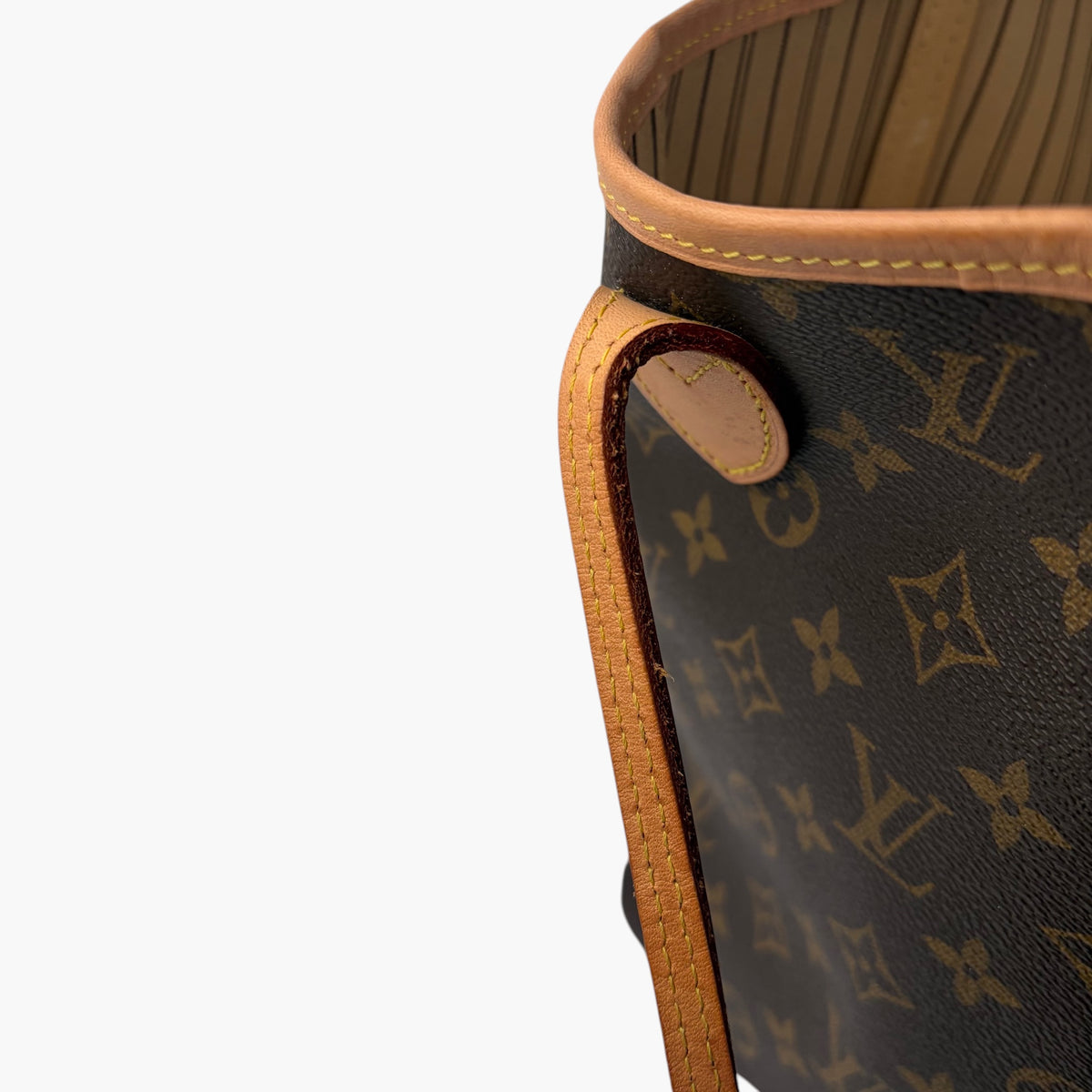 Brown monogram tote bag top opening with tan leather trim and strap loop