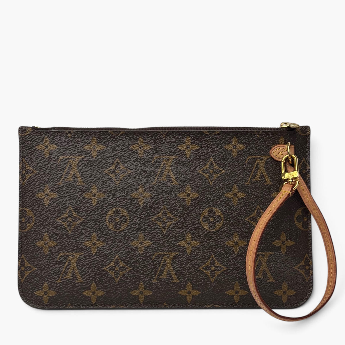 Brown monogram wristlet pouch with gold zipper, leather pull tab, and wrist strap
