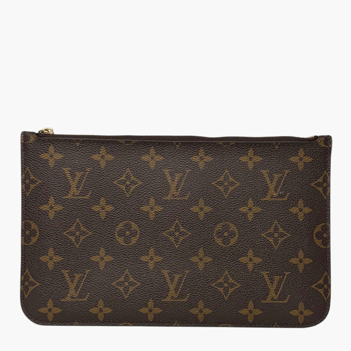 Brown monogram canvas pouch with smooth surface and rounded edges