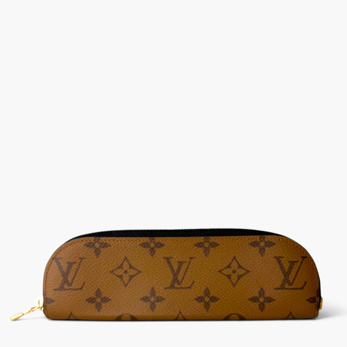 Brown Louis Vuitton monogram pencil case with gold zipper and slim pouch shape
