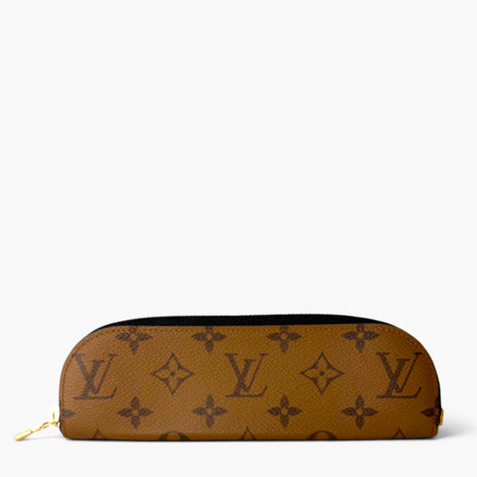 Brown Louis Vuitton monogram pencil case with gold zipper and slim pouch shape