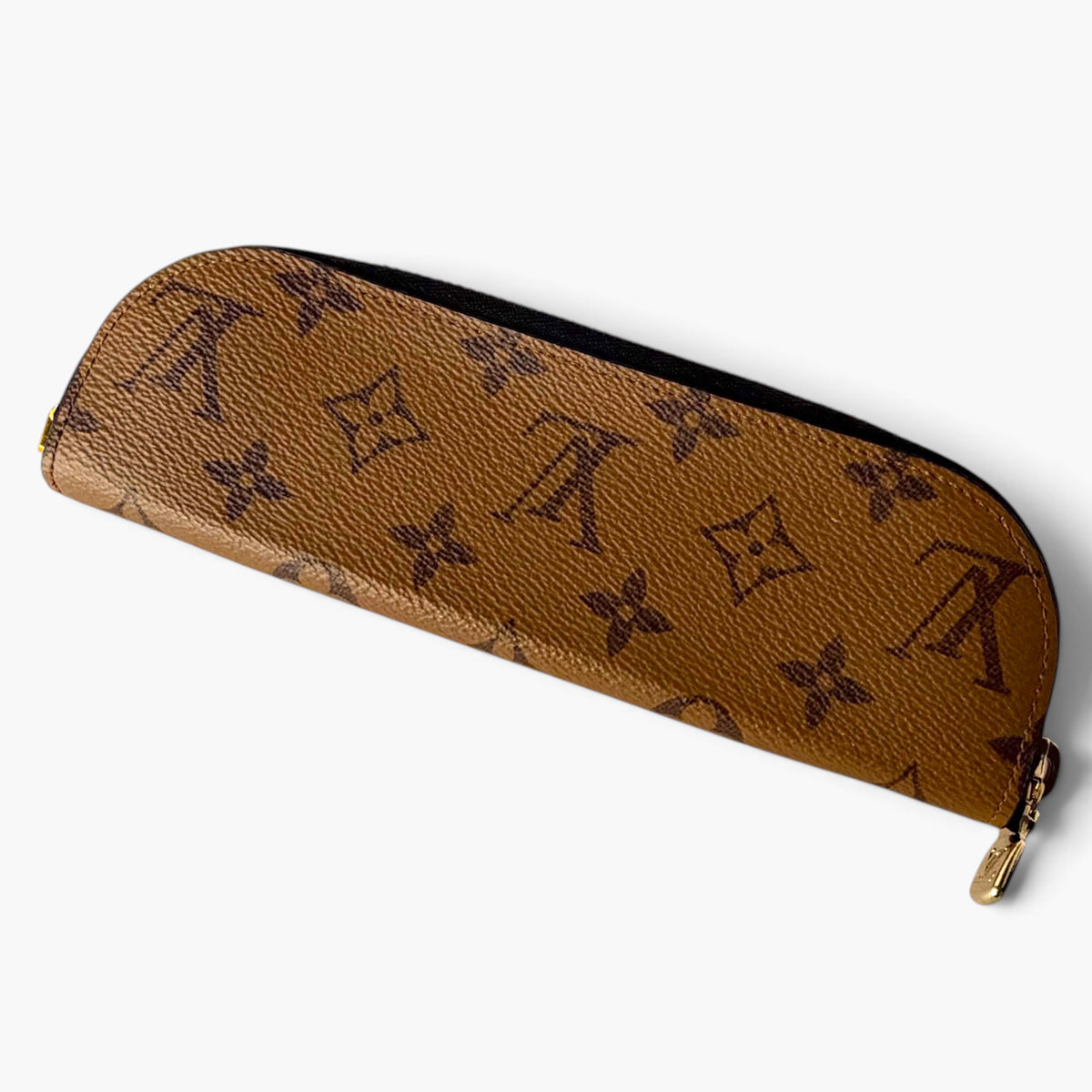 Slim monogram pencil case, tan-brown patterned exterior with gold zipper