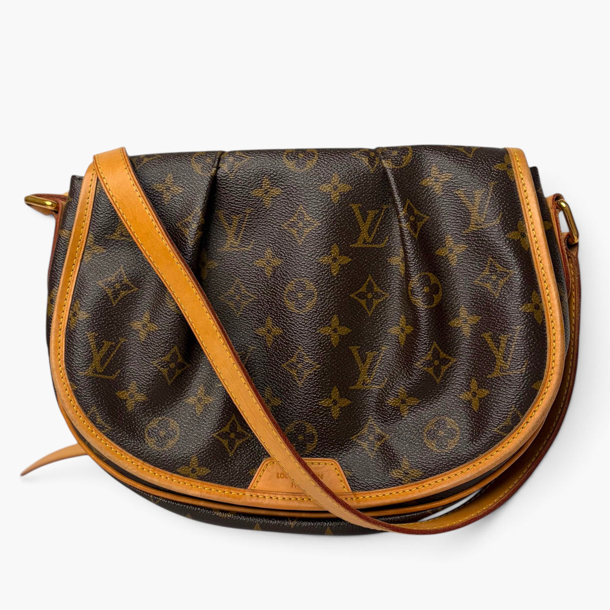 Monogram canvas crossbody bag with tan leather trim and shoulder strap, dark brown.