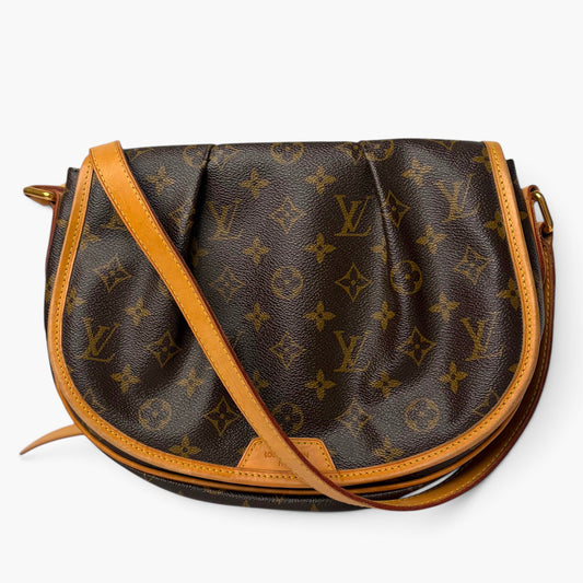 Monogram canvas crossbody bag with tan leather trim and shoulder strap, dark brown.