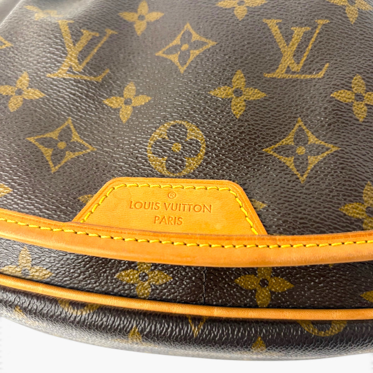 Close-up of monogram canvas with tan leather tab and 'LOUIS VUITTON' label.
