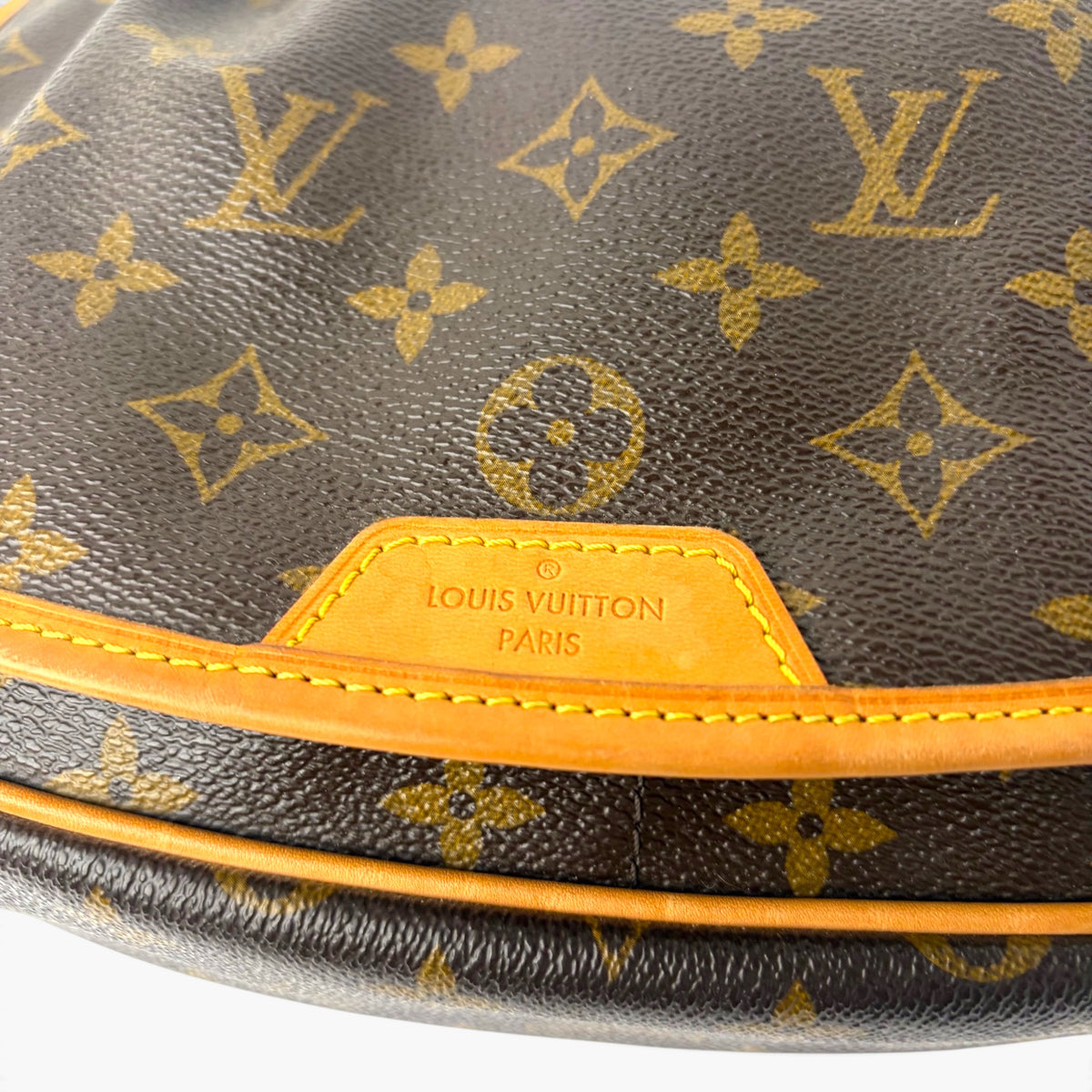 Close-up of monogram canvas tab with 'LOUIS VUITTON PARIS' text on tan leather.