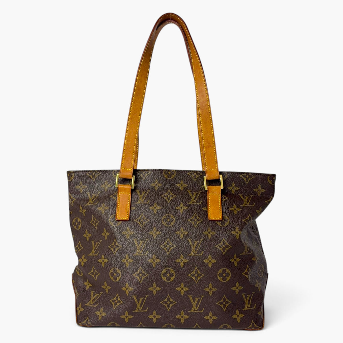 Cabas Piano monogram canvas tote bag with tan leather handles and trim
