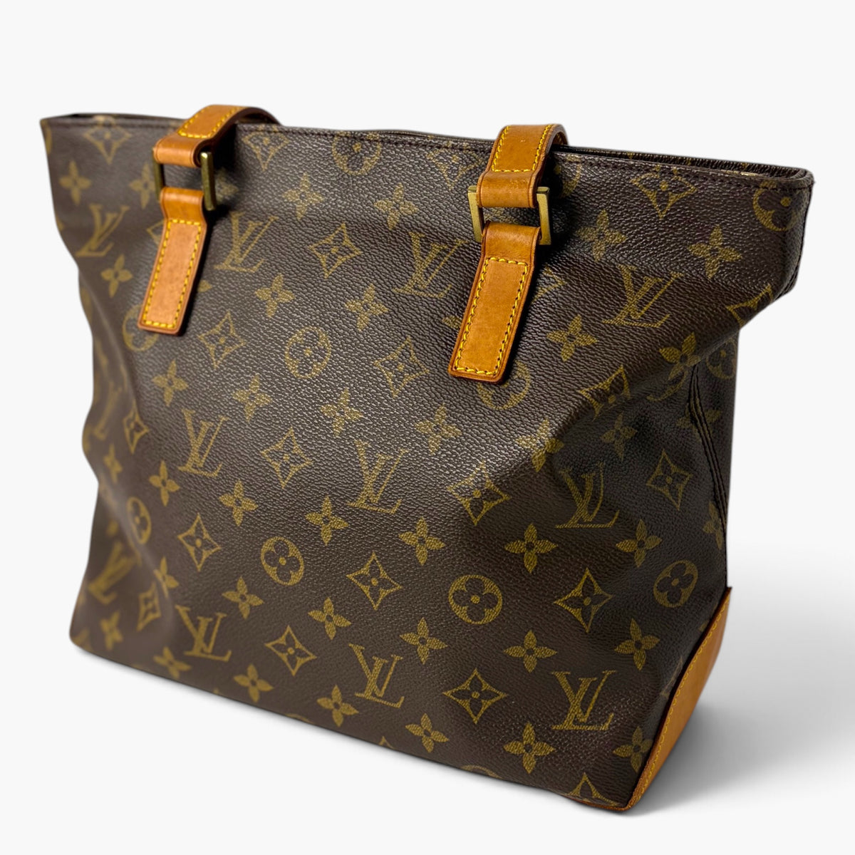Cabas Piano monogram canvas tote bag with front straps and tan leather edges