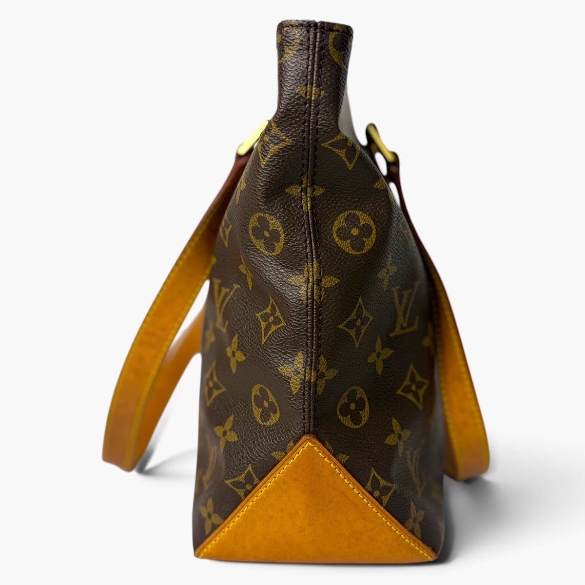 Cabas Piano monogram canvas tote bag back view with tan leather base panel