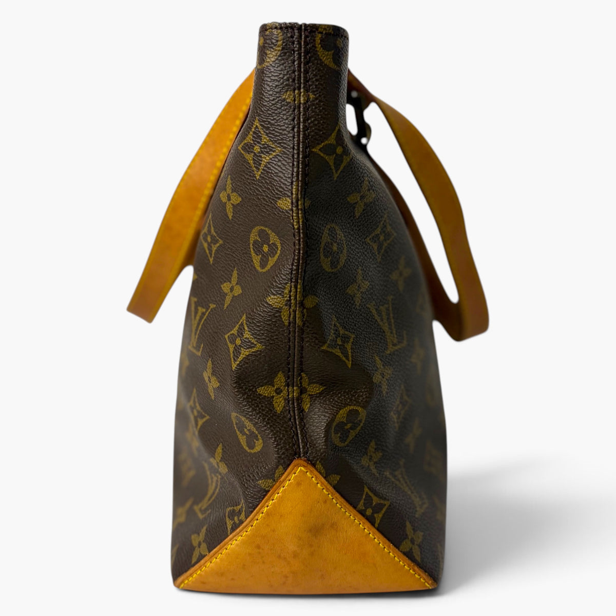 Cabas Piano monogram canvas tote bag back view with tan base panel and strap