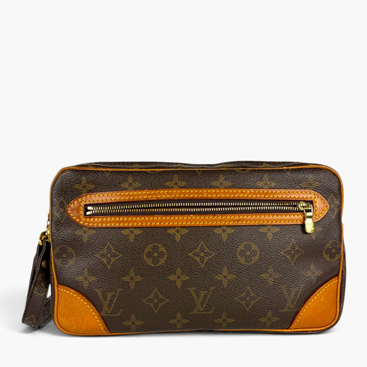 Monogram toiletry pouch with orange trim, top zip and wrist strap