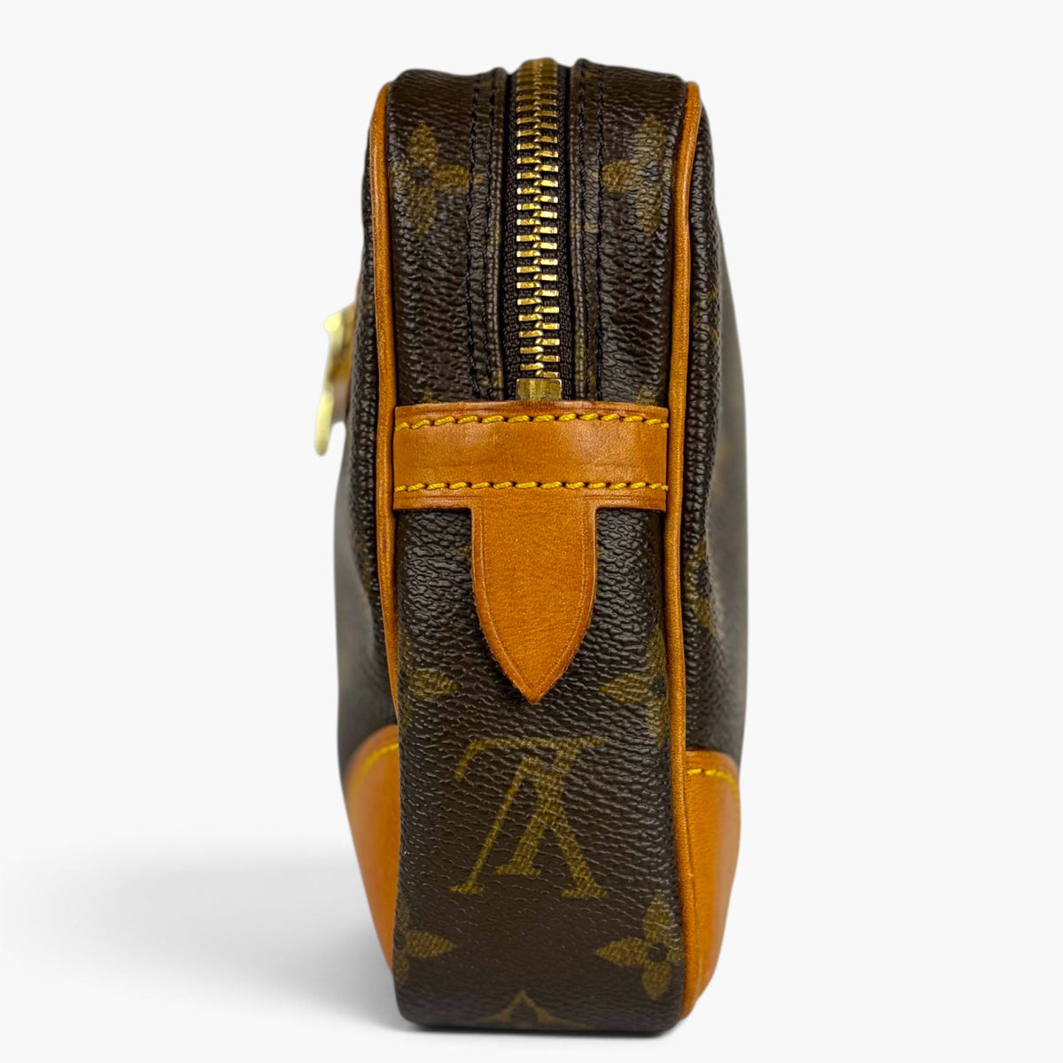 Monogram pouch with vertical zipper, leather tab and orange trim
