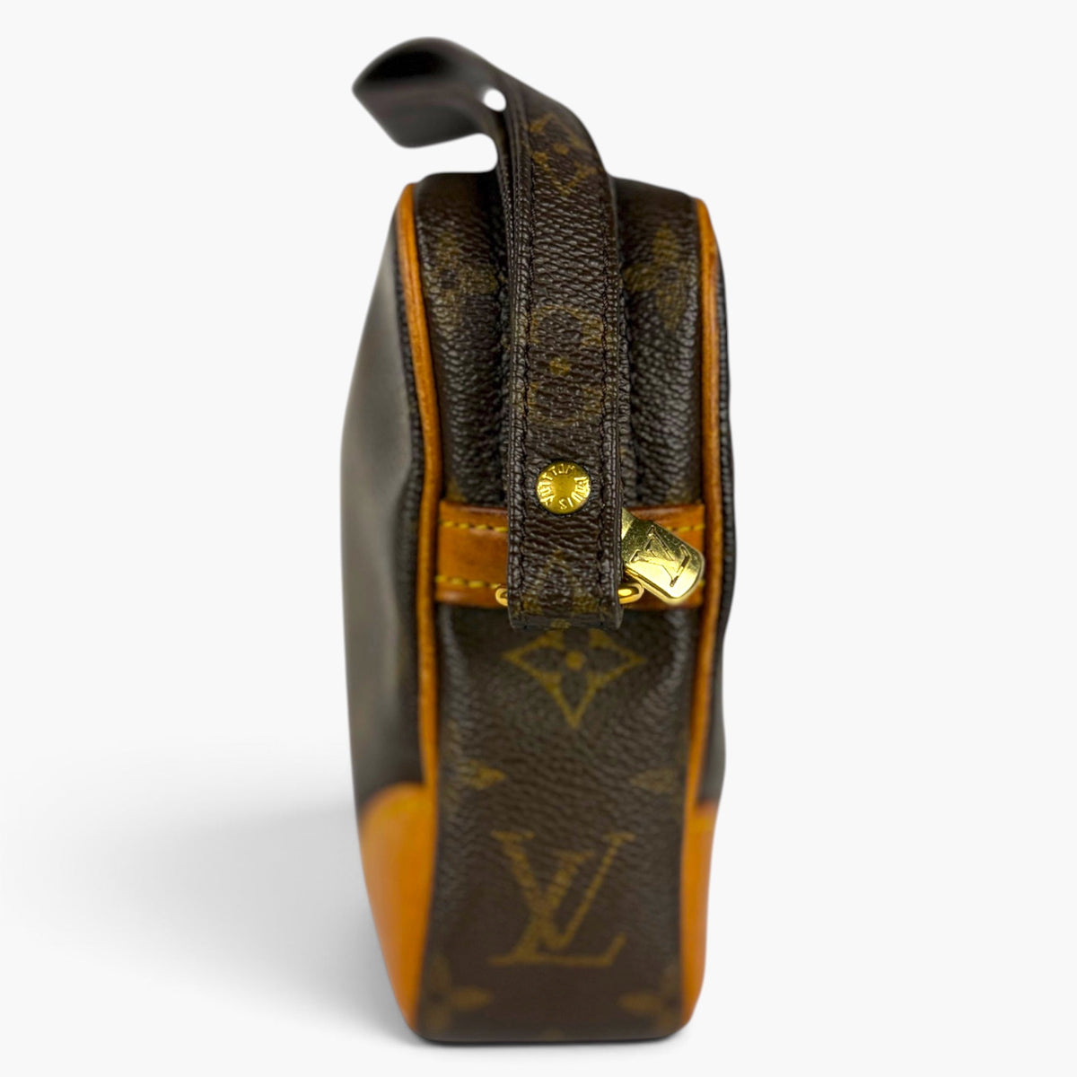 Monogram pouch side view with gold hardware, orange piping and zipper