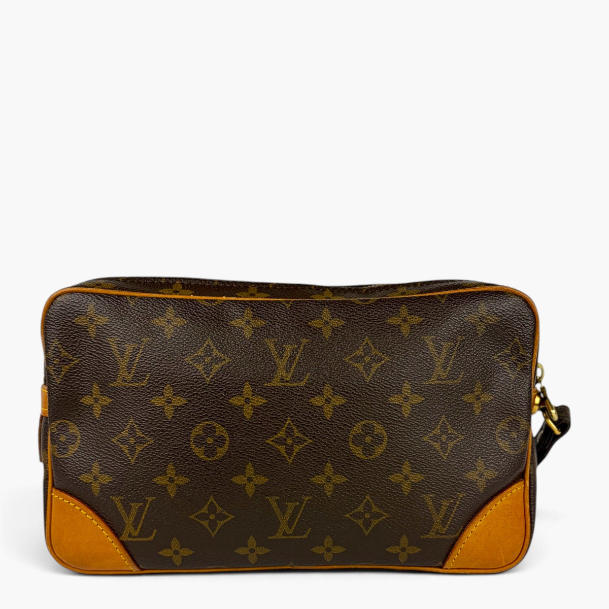 Monogram canvas crossbody pouch with tan leather trim and zip-top opening
