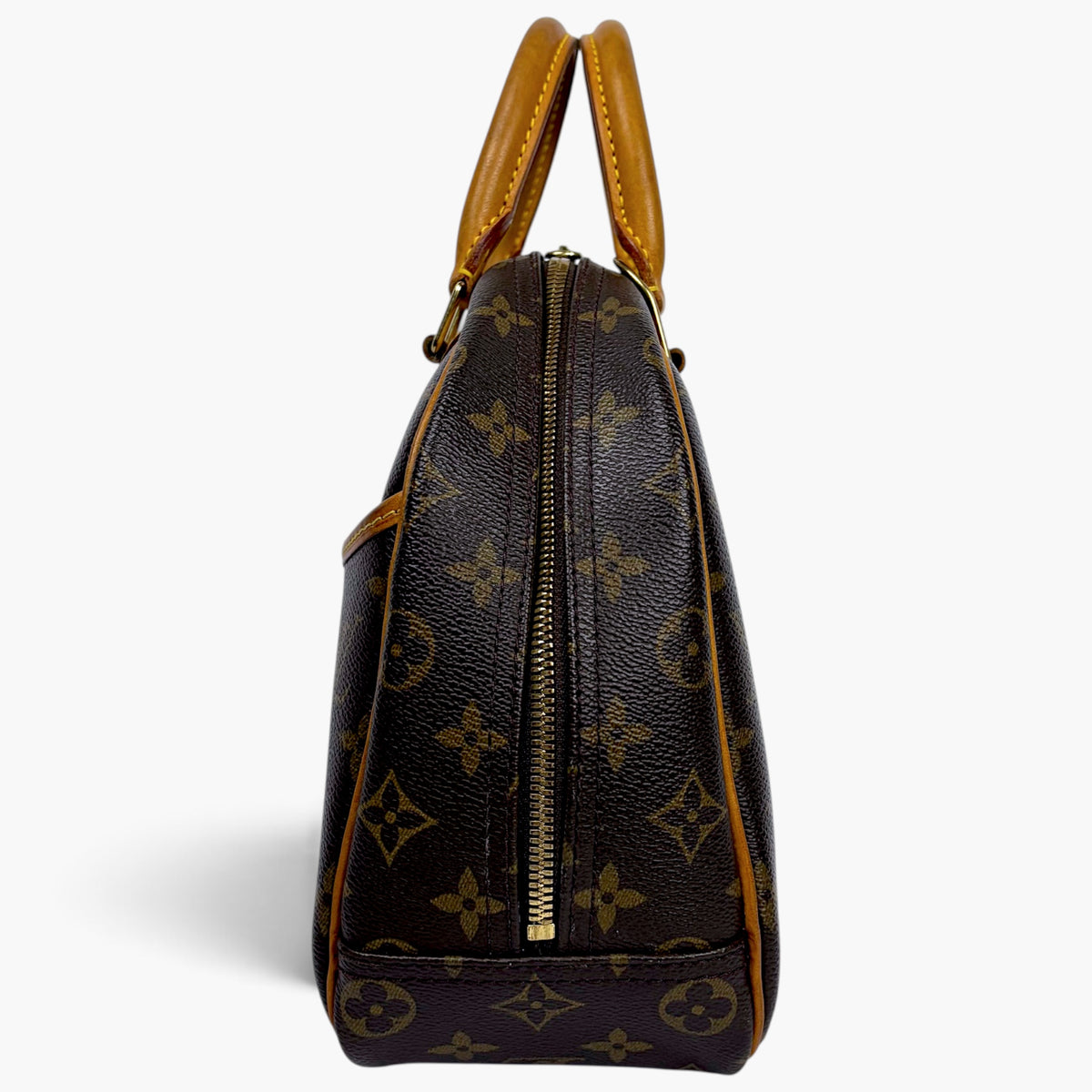 Brown monogram canvas handbag with tan leather trim and vertical center zipper