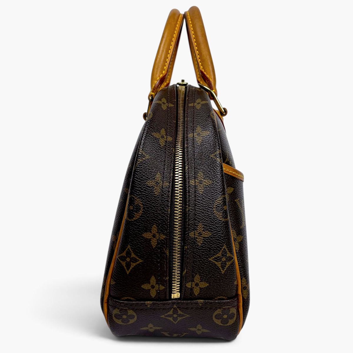 Brown monogram canvas handbag with tan leather handles and full-length center zipper