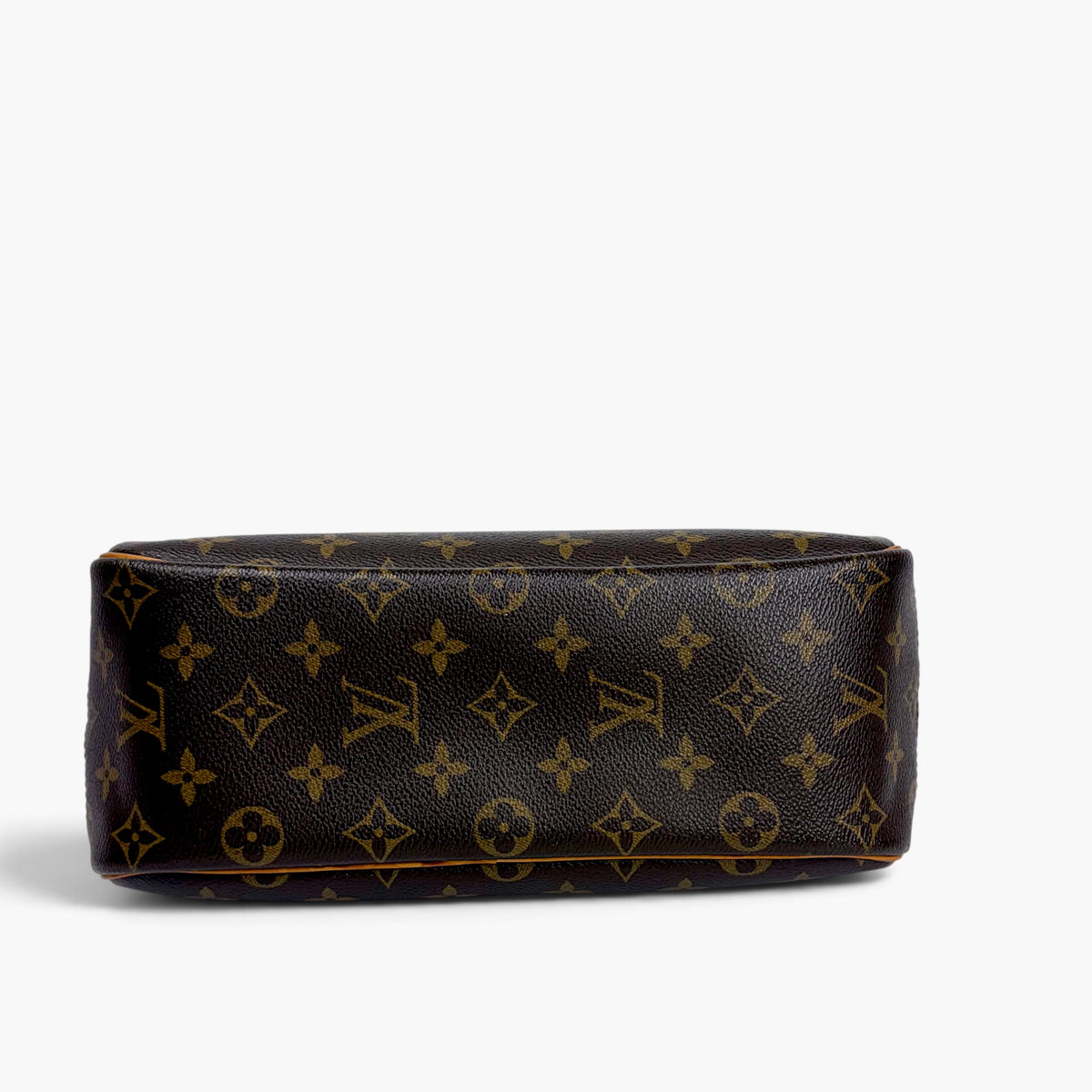 Brown monogram canvas base with tan piping and clean edge stitching